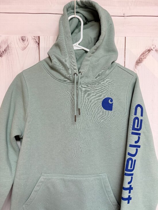 Carhartt Women’s Clarksburg Hoodie Medium Jade Heather Sleeve Logo EUC - Picture 2 of 9